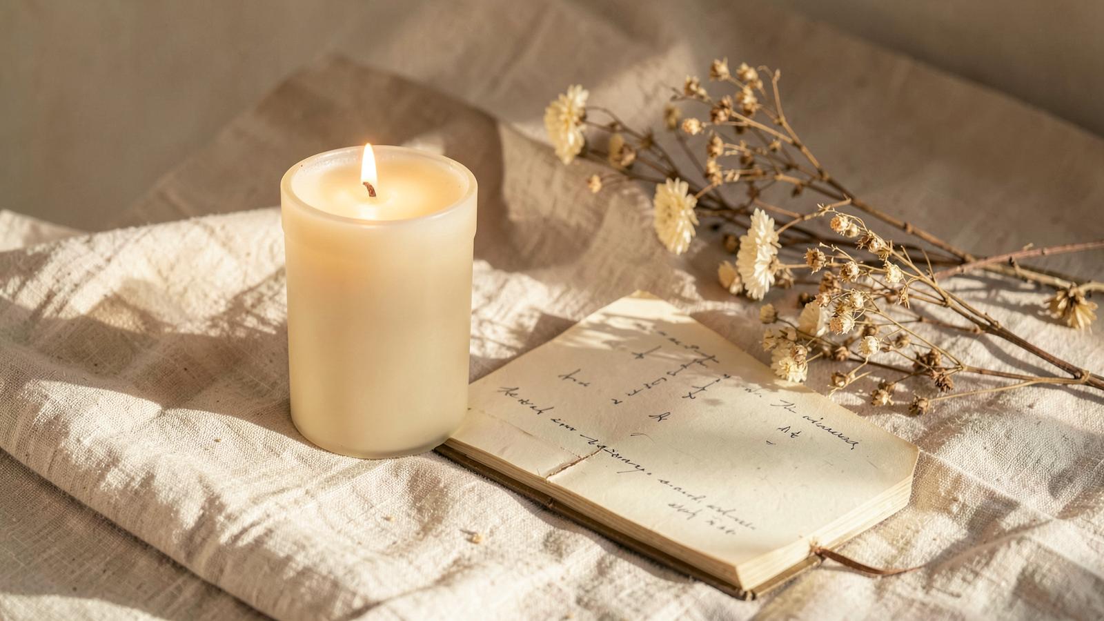 Kerze, Journal und Trockenblumen auf Leinenstoff im warmen Licht