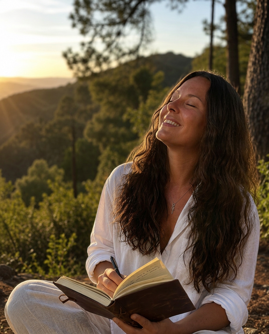 Frau in der Natur mit Journal und Stift